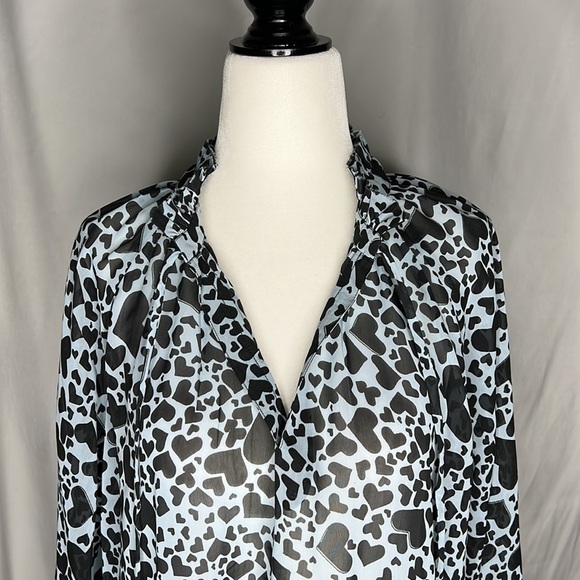 Elan Sheer High Neck Front Tie Heart Long Sleeved Peasant Blouse - Picture 3 of 10